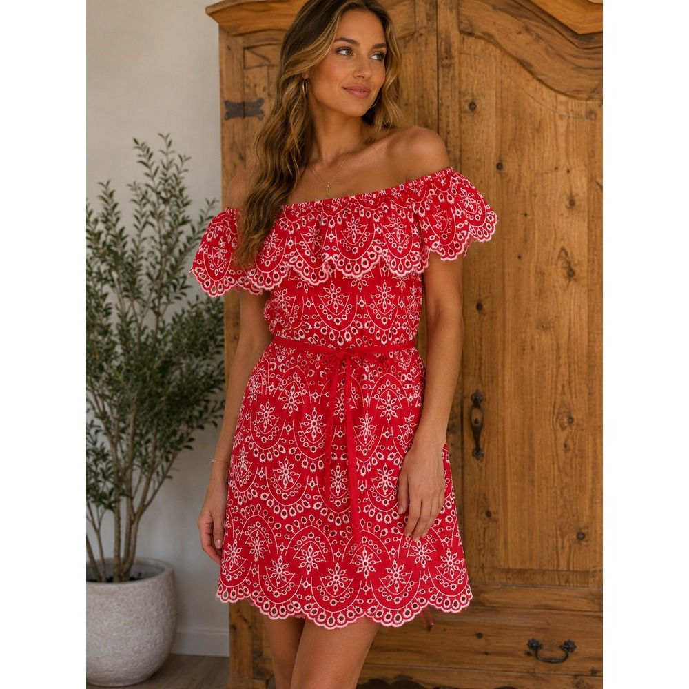 Flying Tomato Red Eyelet Lace Off Shoulder Ruffle Mini Dress Boho ID17388 Medium